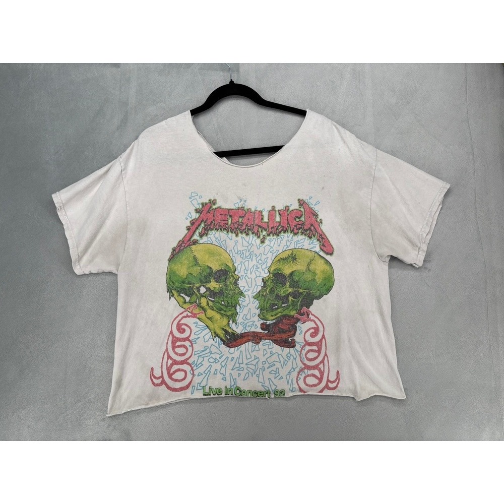 Cropped Vintage Metallica 1992 Tour Graphic T-Shirt White XL Rock Tee